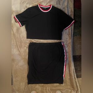 SHEIN Black Skirt Set with Red and White Trim
